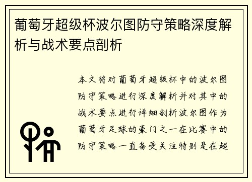葡萄牙超级杯波尔图防守策略深度解析与战术要点剖析