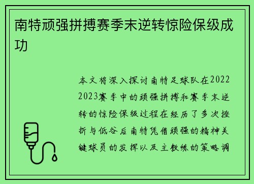 南特顽强拼搏赛季末逆转惊险保级成功