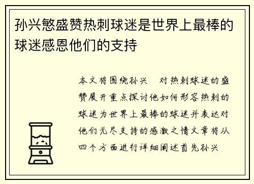 孙兴慜盛赞热刺球迷是世界上最棒的球迷感恩他们的支持